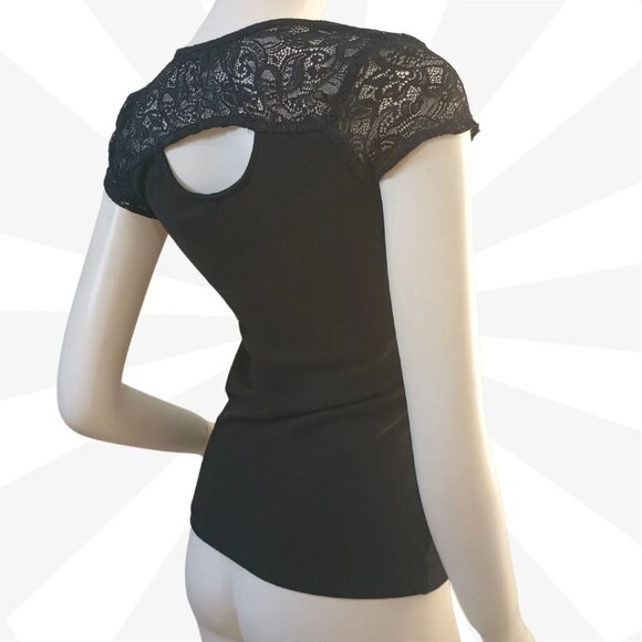 Ambiance Black Lace Cap Sleeves V Neck Cut Out Back Pullover Knit Top Size S - Picture 6 of 8